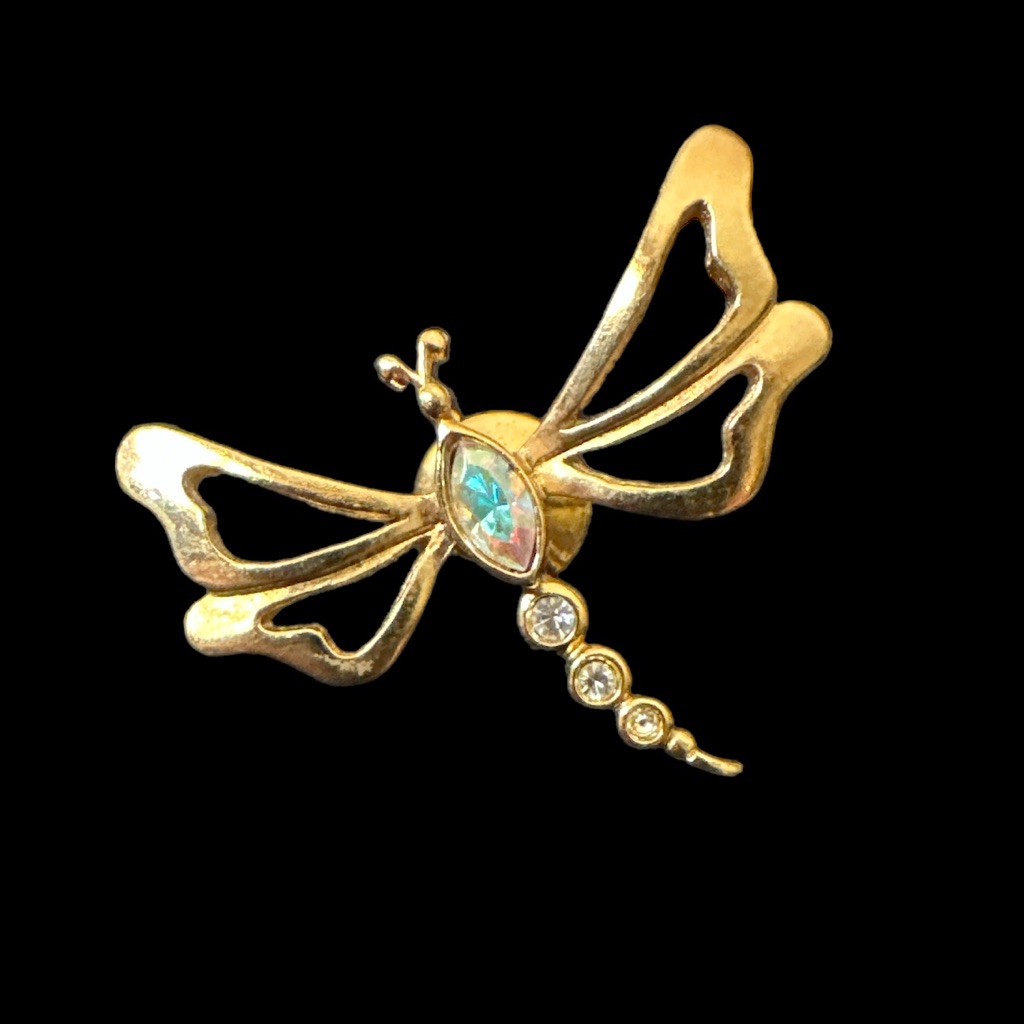 Avon Gold Tone Vintage Dragonfly Pin With Ab Marquis Rhinestone Center And Body